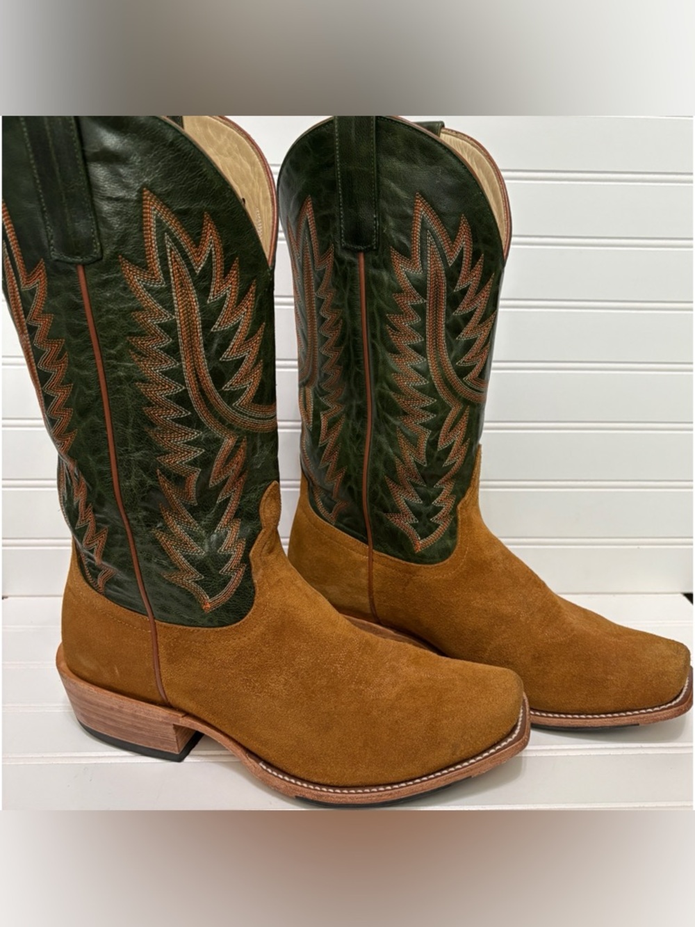HORSEPOWER Top Hand Camel Suede Green Roughout 13" Cowboy Boots Mens Size 10 EE
